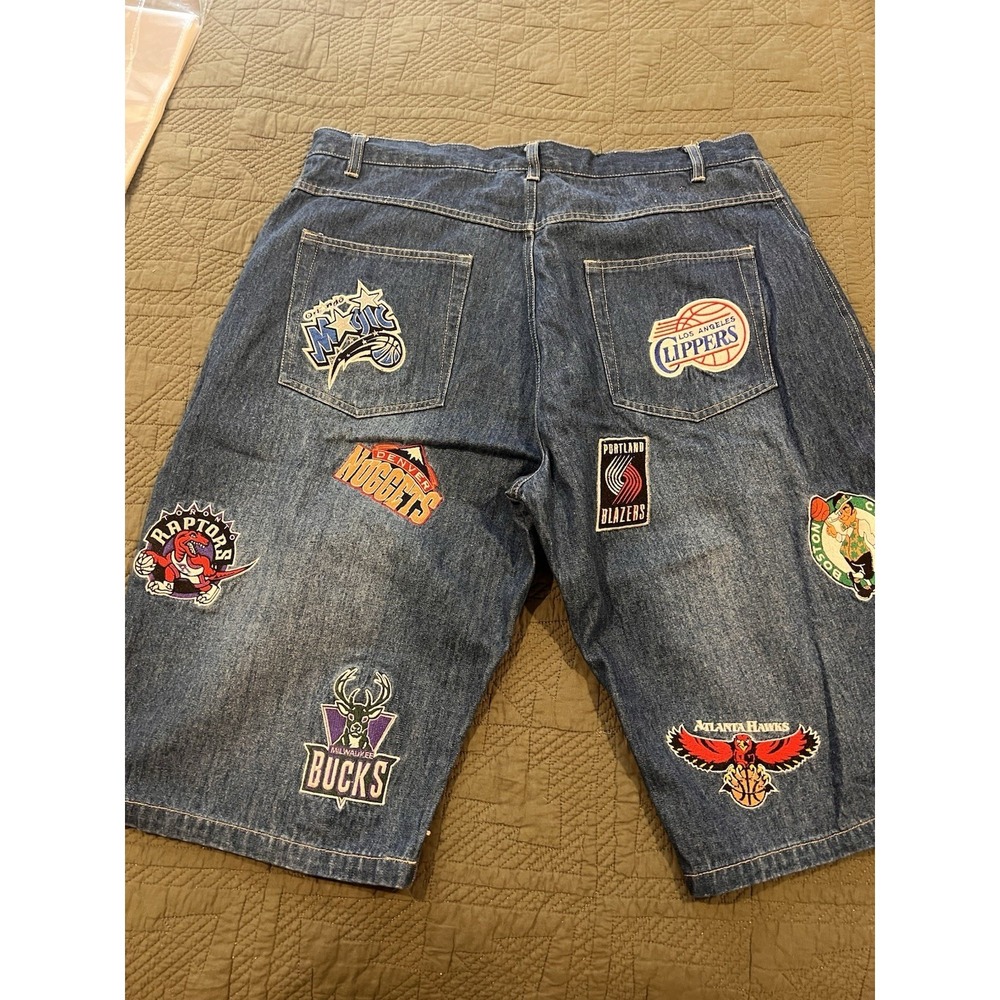 Unk NBA Blue Jean Shorts Vintage 90s Size 36 With 16 Team Patches - Picture 6 of 13